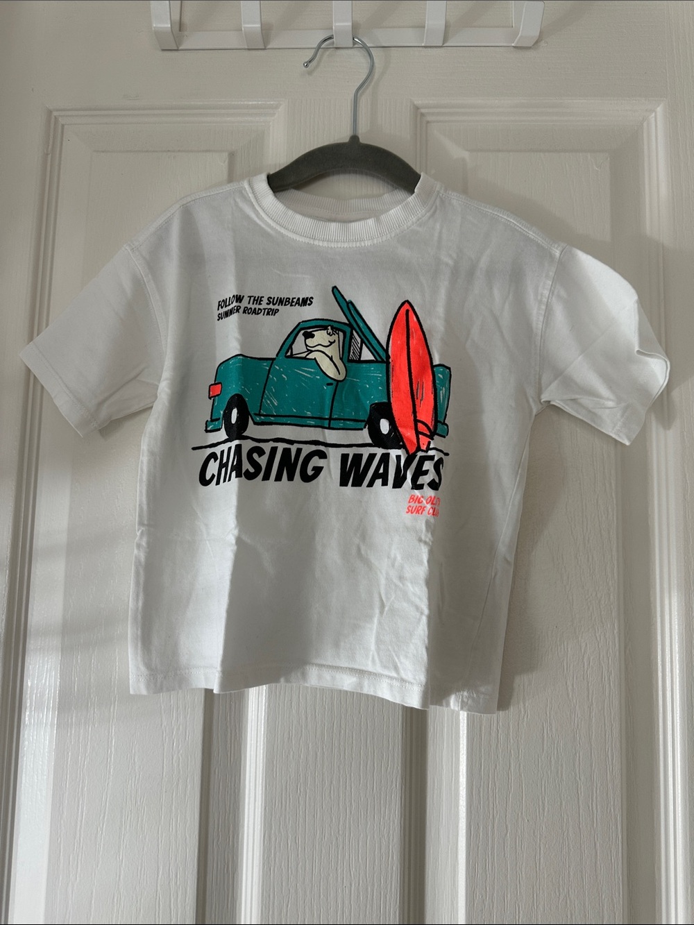 Zara White Tee with Teal Truck & Coral Surfboard Graphic